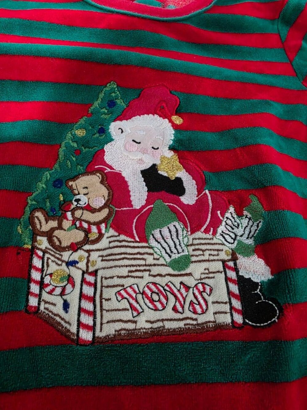 Vtg Christmas Baby Romper & Matching Hat Santa Toys Striped Velour 18 Months - Picture 3 of 10